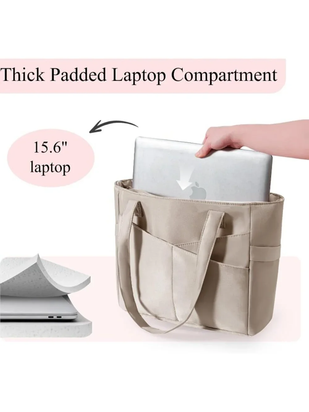 👜Women's Khaki Nylon Large Tote Bag With Zipper 15.6 Laptop Sleeve Work Bag